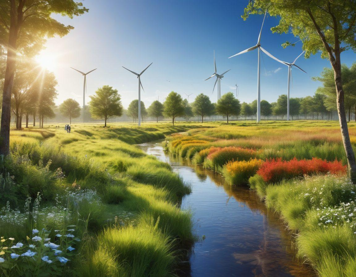 A serene landscape showcasing a lush green environment with wind turbines in the background and a clear blue sky. In the foreground, diverse people of different ages and backgrounds are collaborating on sustainable practices, such as planting trees and using eco-friendly materials. Add visual elements like solar panels and flowing water to emphasize harmony with nature. Illustrate the concept of resilience through vibrant ecosystems flourishing together. vibrant colors. super-realistic.
