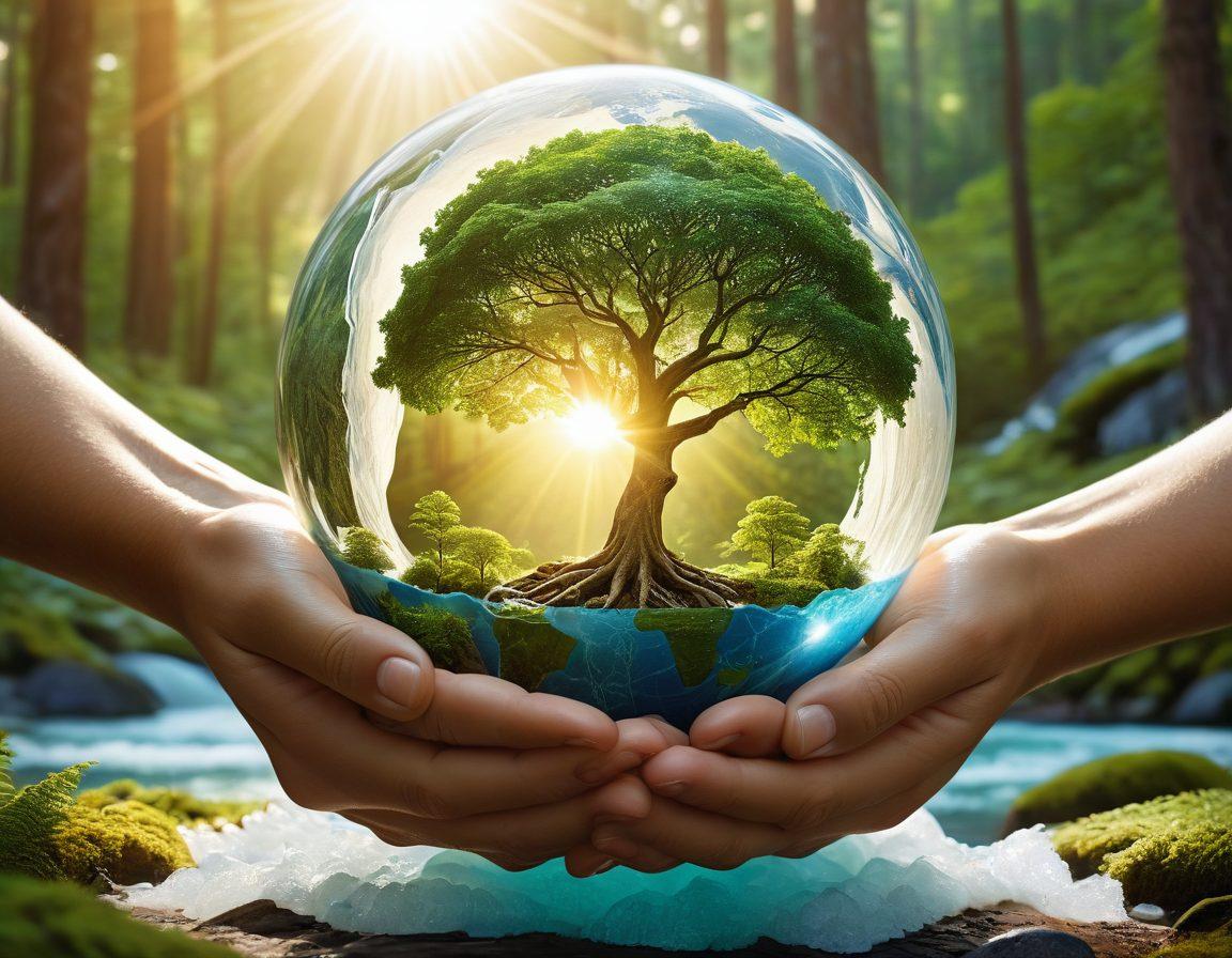 A serene landscape showcasing a lush green forest blending into a melting glacier, symbolizing the impact of climate change. In the foreground, gentle hands cradle a globe covered in various eco-friendly symbols. A bright sun peeks through the trees, illuminating the scene with hope. Include hints of insurance elements like a shield or a tree made of dollar signs subtly integrated into the design. super-realistic. vibrant colors. nature-themed.