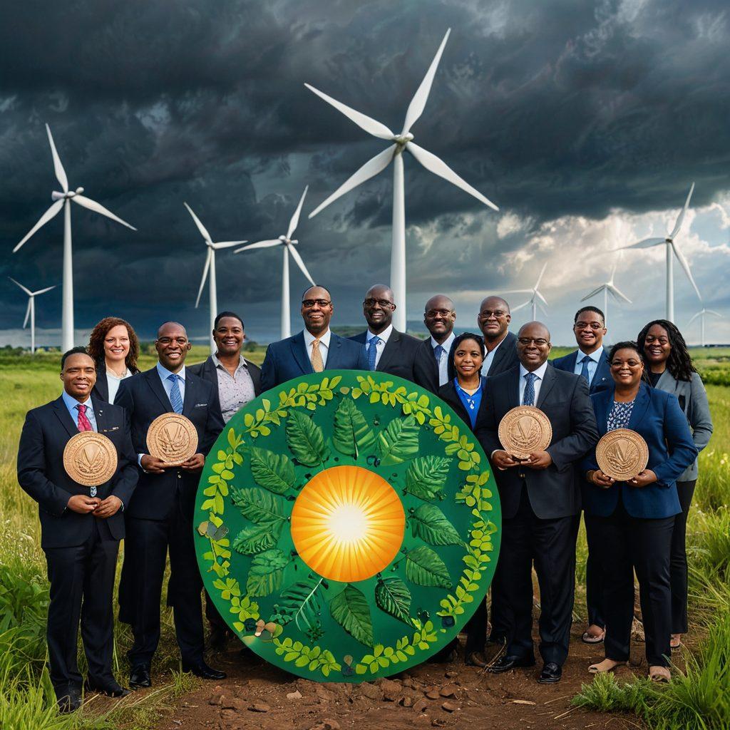 A powerful visual representation of a diverse group of advocates holding symbolic representations of financial protection, such as shields made of green leaves and coins, standing in front of a thriving, green landscape with wind turbines and solar panels in the background. Sunlight breaking through dark clouds symbolizes hope and resilience. The scene should convey unity and determination towards climate advocacy. vibrant colors. super-realistic.
